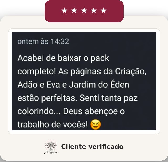 Depoimento: cliente relata paz ao colorir as páginas da Criação, Adão e Eva e Jardim do Éden